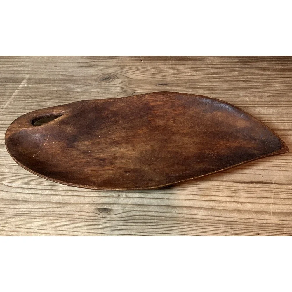VTG Rustic Wooden Leaf Shape Tray Bowl Trinket Dish 15” Hand Carved Primitive